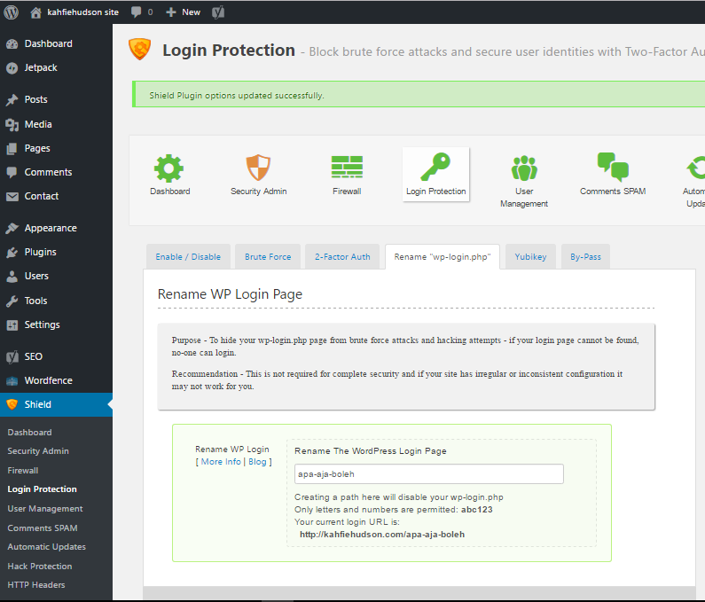 Konfigurasi Plugin Shield WordPress Security
